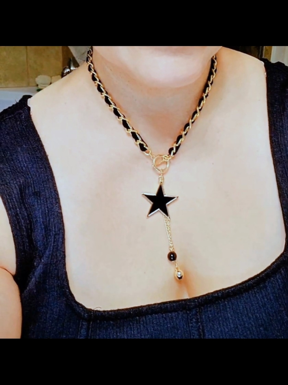 Black Star Pendant Chain Necklace - Gold Tone